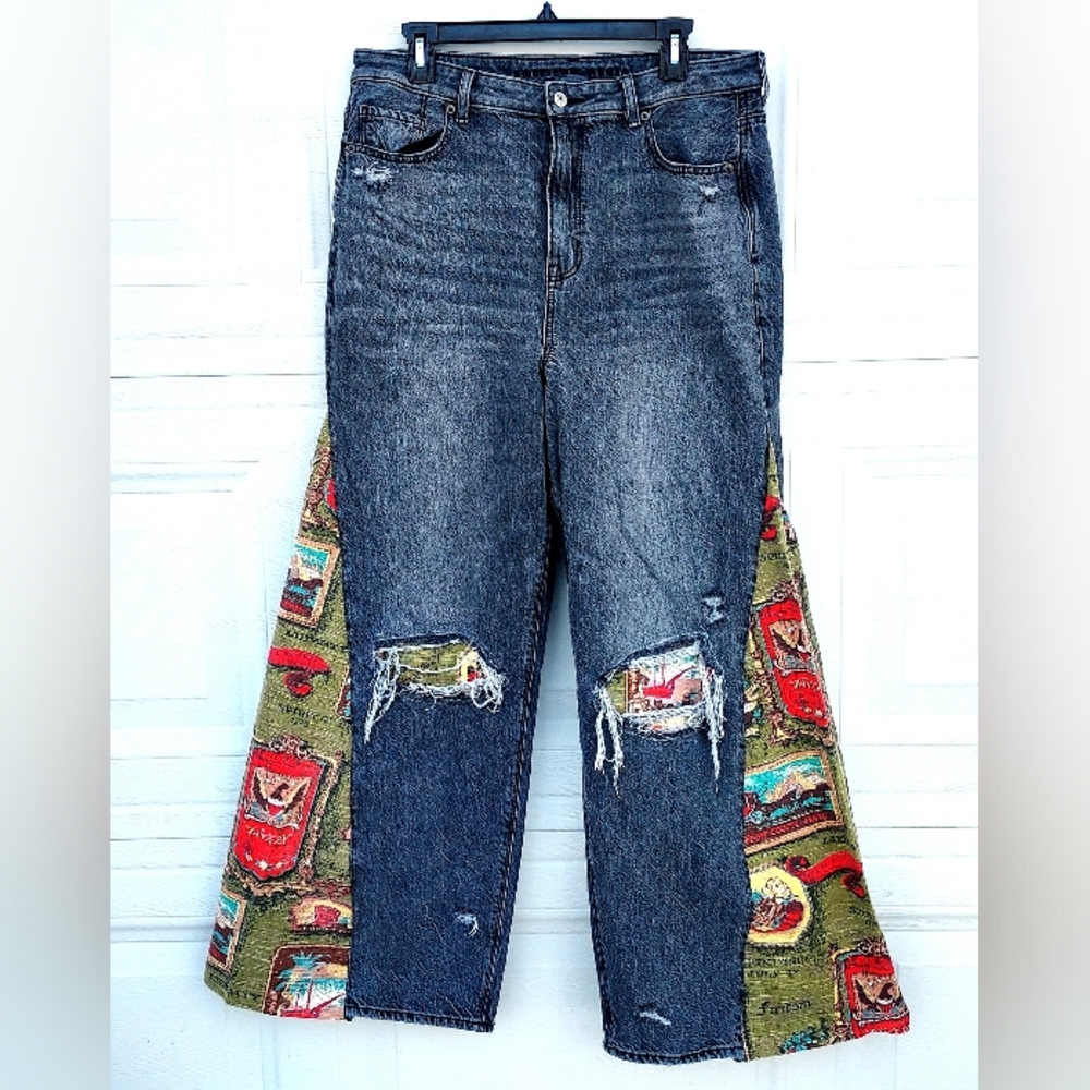 Stylish Charcoal Upcycled Patchwork Wideleg Women Jeans